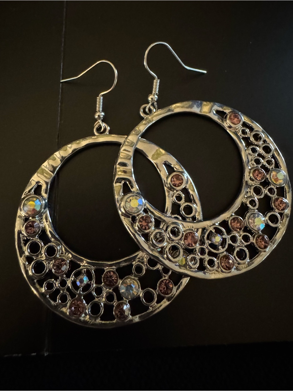 Silver Tone Open Circle Rhinestone Statement Earrings 2.75”
